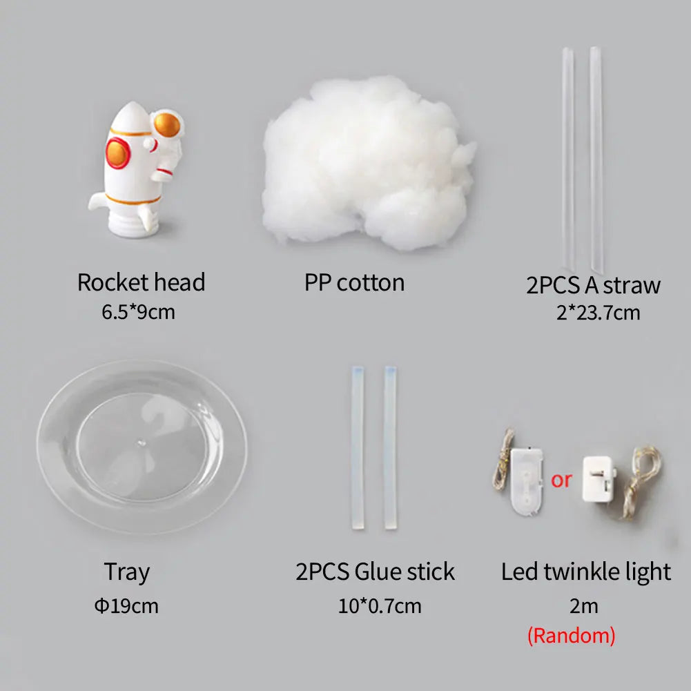 Lampka LED rakieta 3D z astronautą, kolorowe chmury